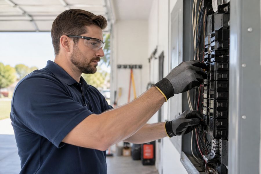 Electrician working on breaker panel