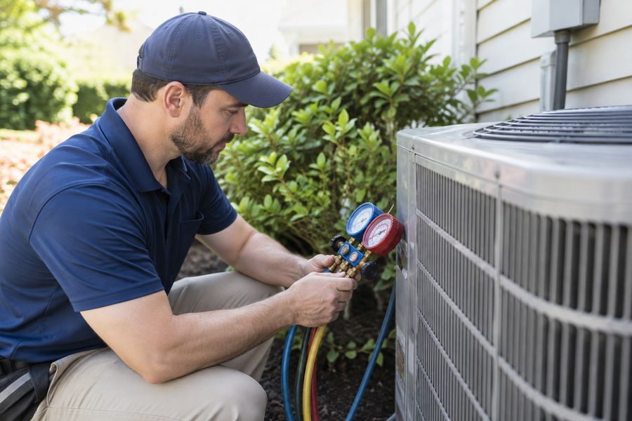 HVAC technician servicing AC condenser
