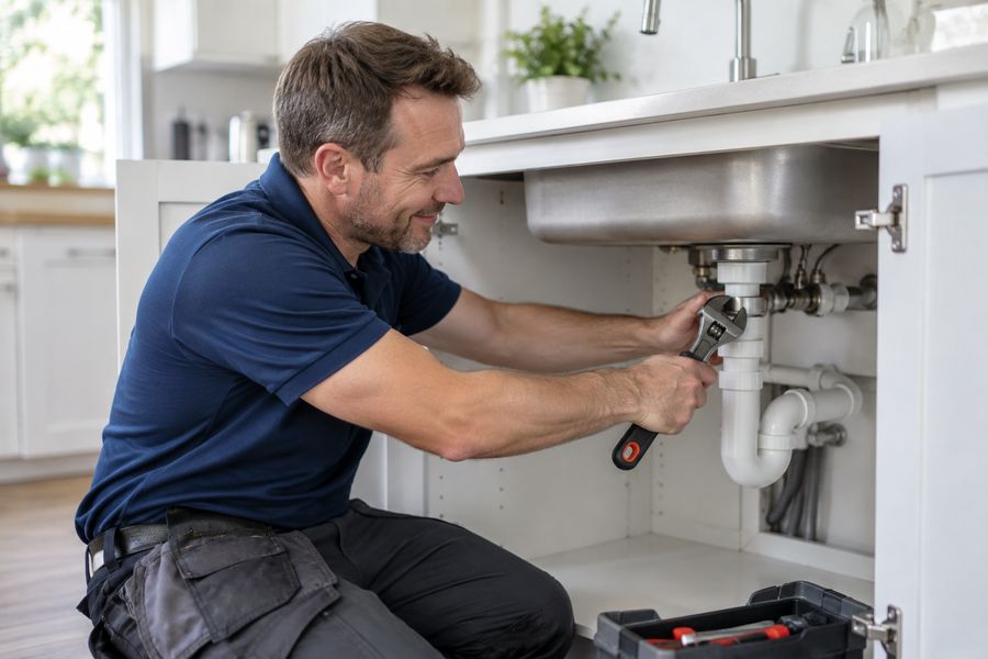 Plumber fixing kitchen sink pipes