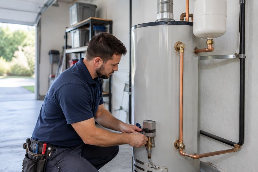 Plumber installing water heater